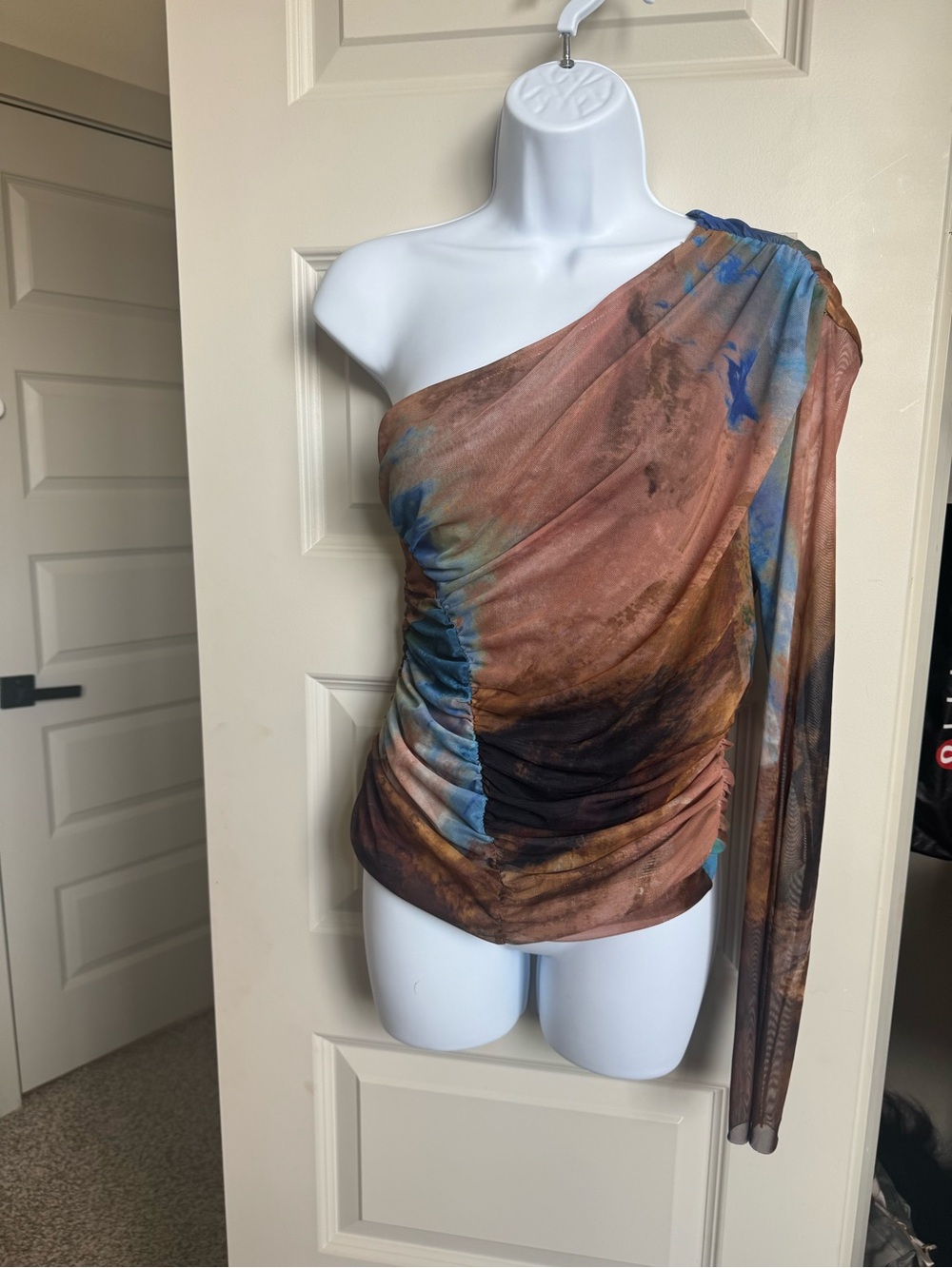 Zara One-Shoulder Draped Blouse in Brown and Blue